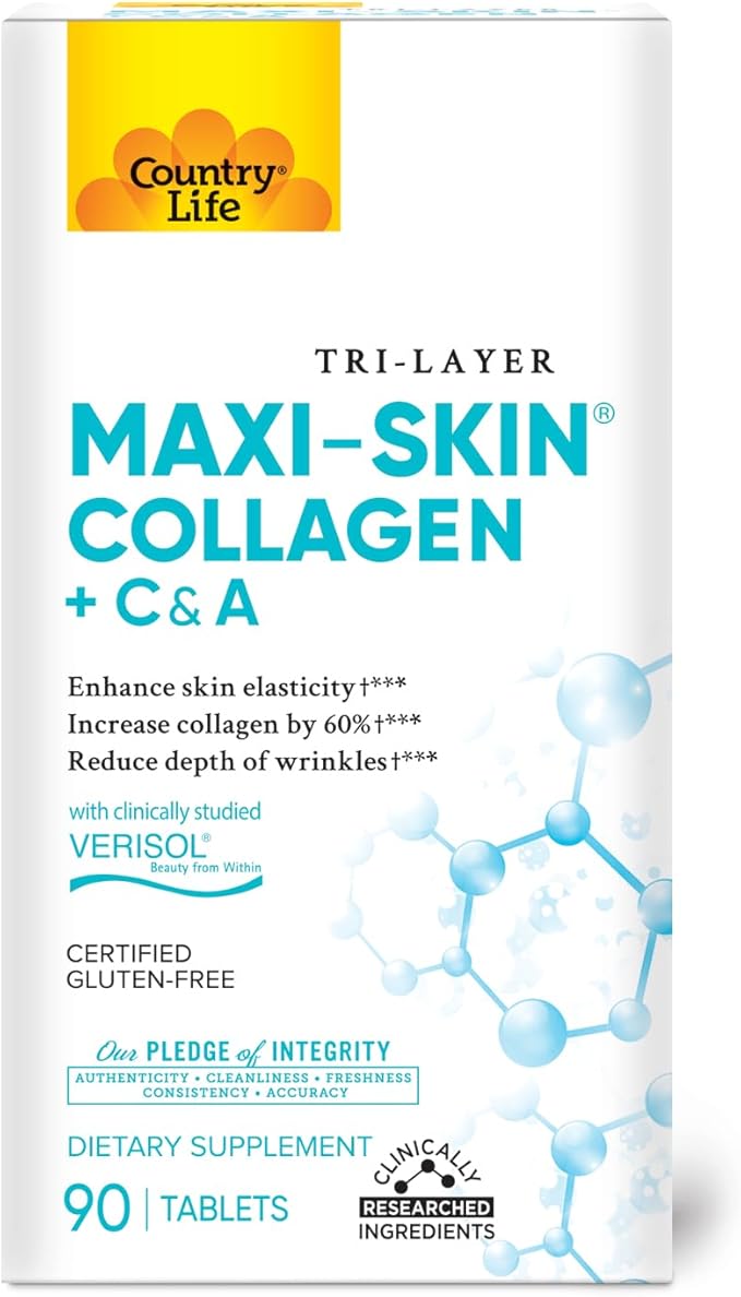 Country Life Verisol Collagen Peptides Tablets - Reduce Depth of W[KB2] rinkles &amp Enhance Skin Elasticity-90 Tablets-Includes Vitamin A&ampC - Collagen Powder for Women &amp Men - Boost Skin Col