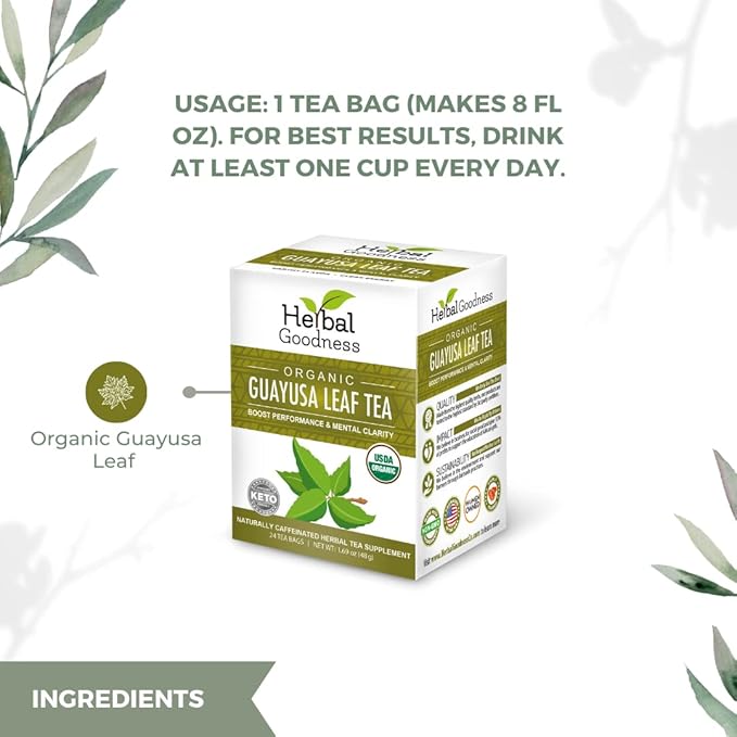 Guayusa Leaf Tea - Mental Clarity Organic Natural Caffeine Drink Energy Supplement Coffee Alternative Oxidative Stress - 6/24 Tea Bags - Herbal Goodness (6 Boxes)