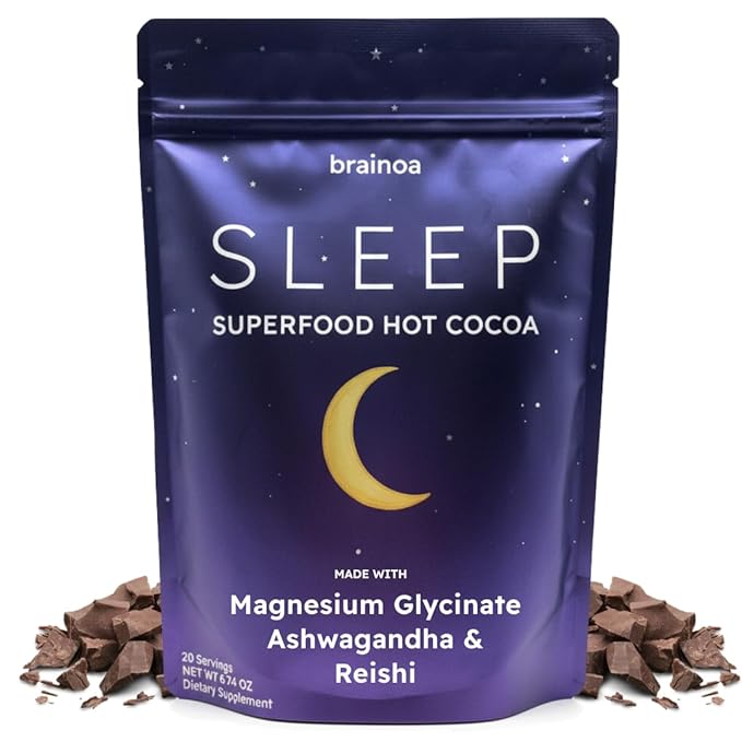 Brainoa Sleep Cocoa for Chocolate Lovers – With Magnesium Glycinate Ashwagandha Reishi Mushroom &amp L-Theanine – Bedtime Sleep Aid Drink for Adults – No Melatonin Added Sugar or Artificial Flavo