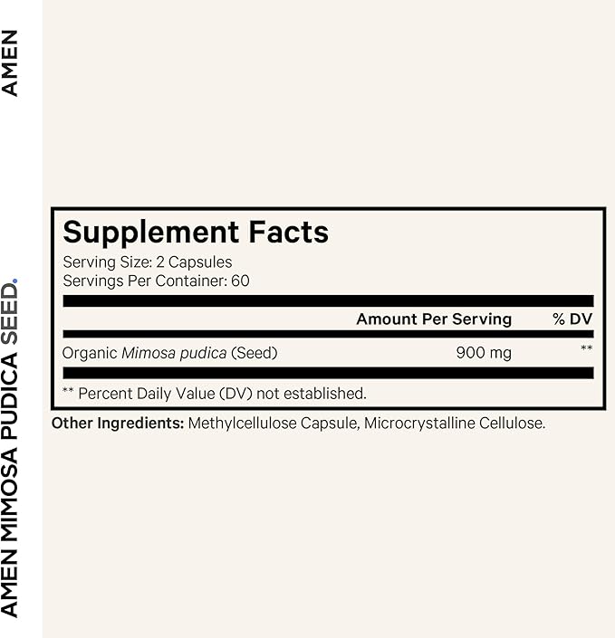Amen Organic Mimosa Pudica Seeds Capsules 2 Month Supply Vegan Mimosa Pudica Seed Plant Supplement - Mimosine Sensitive Plant Pills - Fat Soluble Dietary Supplement - Non-GMO &amp Vegan - 120 Capsu