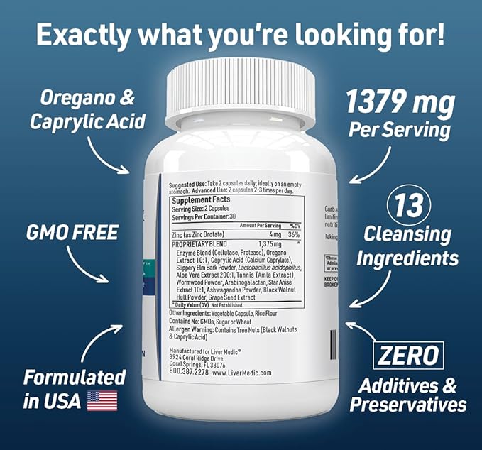 Candida Complex Oregano Oil Digestive Enzymes Candida Cleanse Non-GMO Probiotic Supplement with Organic Herbs Caprylic Acid Grape Seed Extract 60 Vegetarian Capsules