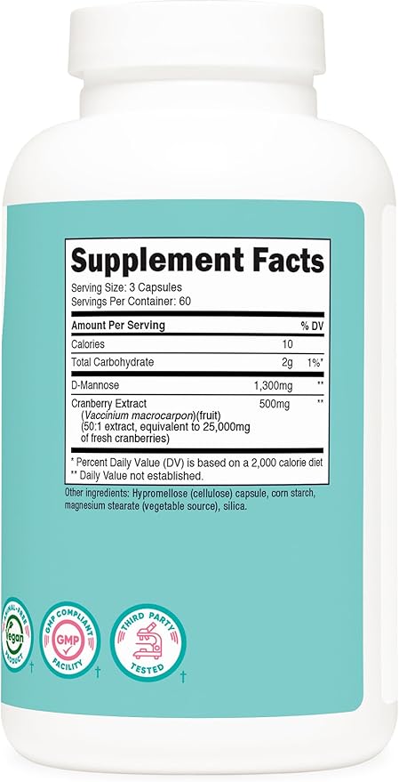 Nutricost D-Mannose with Cranberry Extract for Women 180 Capsules for 60 Servings Per Bottle - Vegan GMO Free and Gluten Free