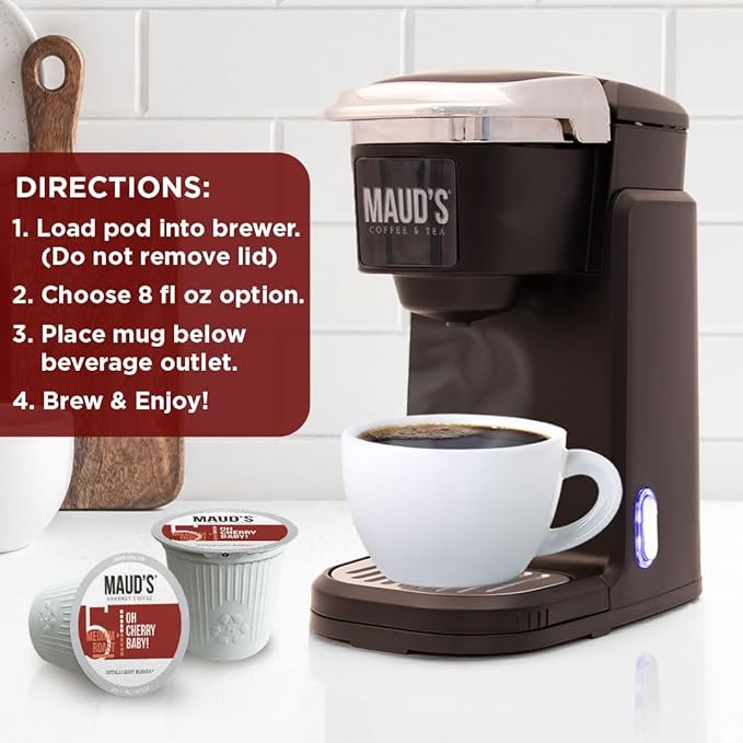 Maud's Cherry Flavored Coffee Pods 50 ct Medium Roast Flavored Coffee in Recyclable Single Serve Pods – 100% Arabica Beans Compatible with Keurig K Cups Maker
