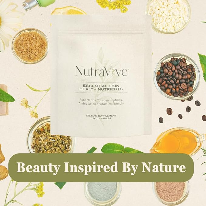 NutraVive Essential Skin Health Nutrients – Hydrolyzed Morikol® Marine Collagen Peptides Amino Acids &amp Vitamins - Promote Firm Reduce Wrinkles &amp Enhance Skin Elasticity - 120 Capsules