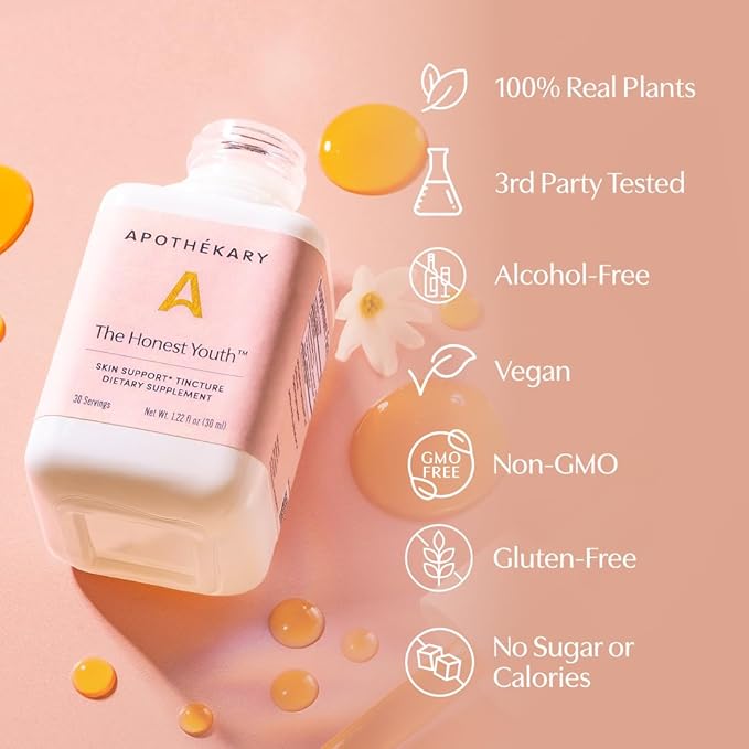 Apothékary The Honest Youth Collagen &amp Skin Support Herbal Liquid Drops Promotes Healthy Radiant Skin with Reishi and Tremella Mushroom Vegan Gluten-Free 1 Fl oz 30 Servings