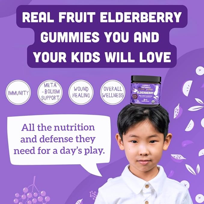 Llama Naturals Elderberry Gummies for Kids Vegan Organic Immune Support Supplement with Vitamin C and Zinc Toddler Real Fruit Gummy Vitamins for Immunity Chewable No Added Sugar Cane 60 Ct