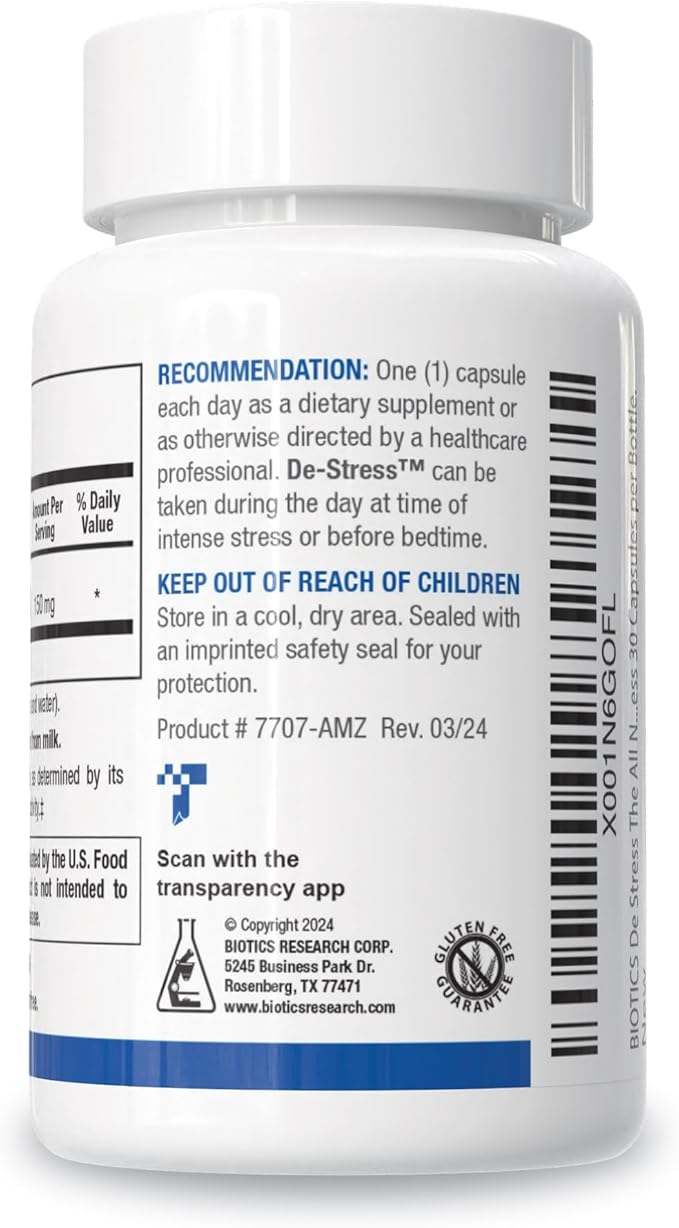 BIOTICS RESEARCH De-Stress Patented Nutrient Designed to Support Calmness Healthy Sleep Habits All-Natural Supports Mental Wellness &amp Calm. 30 Capsules