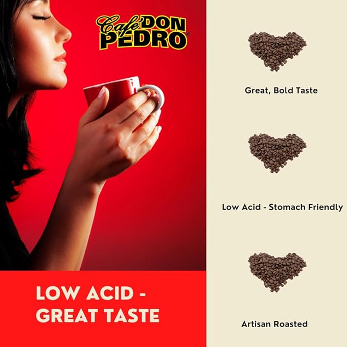 Cafe Don Pedro American Roast Naturally Low Acid Coffee Medium Roast Stone Ground Coffee Stomach Friendly Prevents Acid Reflux. 11.5 Ounce Regular Can (4 Cans)
