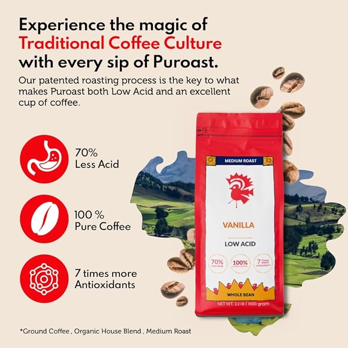 Puroast Low Acid Coffee Flavored Bean | Vanilla Whole Bean | Medium Roast | High Antioxidants &amp High pH |No Bitter Aftertaste | Reduced Heartburn &amp GERD | Suitable for Cold Brew - 2.2 LB