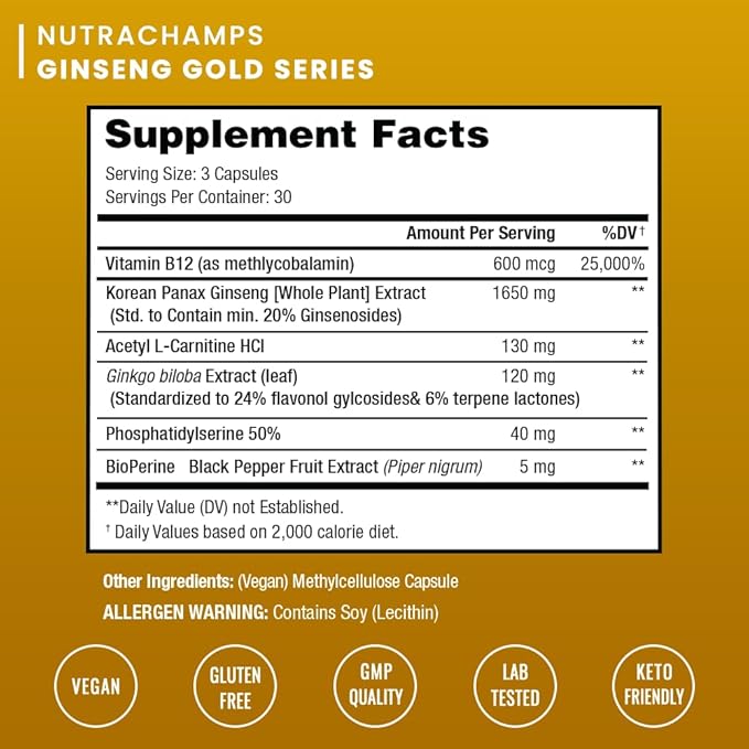 NutraChamps Korean Red Panax Ginseng Capsules | Extra Strength Ginsenosides for Energy Focus Performance Vitality &amp Immune Support | Korean Red Ginseng Root Extract (90 Premium Gold)