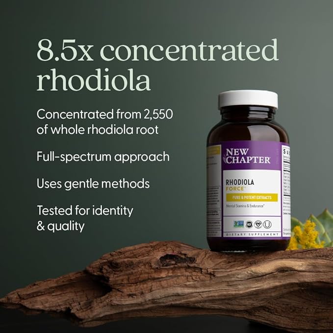 New Chapter Rhodiola Force 300mg with Potent Vegan Rhodiola for Mental Focus &amp Stamina Endurance + Mood Support + Stress Adaptogen + Non-GMO Ingredients - 30 Count