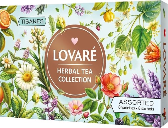Lovare Herbal Tea Collection – 64 Herbal Tea Bags Assortment | 8 Flavors | Caffeine-Free | Gift Box for Relaxation Wellness Moments Tea set