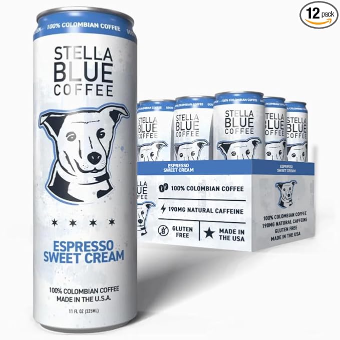 Stella Blue Espresso Sweet Cream Latte Cans Ready-to-Drink Coffee Energy Beverage 100% Colombian Coffee 190mg Natural Caffeine Gluten Free &amp Good Source of Protein 11oz Can 12 Pack
