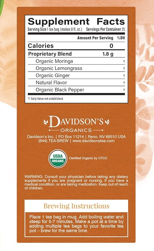 Davidson's Organics Moringa Ginger Lemon 25-count Tea Bags Pack of 6