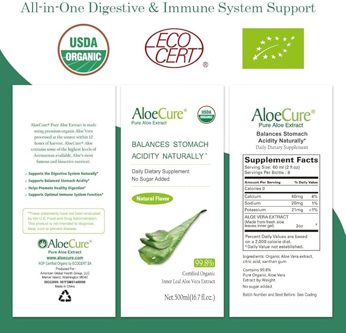 AloeCure USDA Organic Aloe Vera Juice Made Within 12 Hrs of Harvest - Pure Aloe Juice Natural Digestive Supplement to Support Digestion Immune System and Balanced Stomach Acidity 12 x 500ml Bottles
