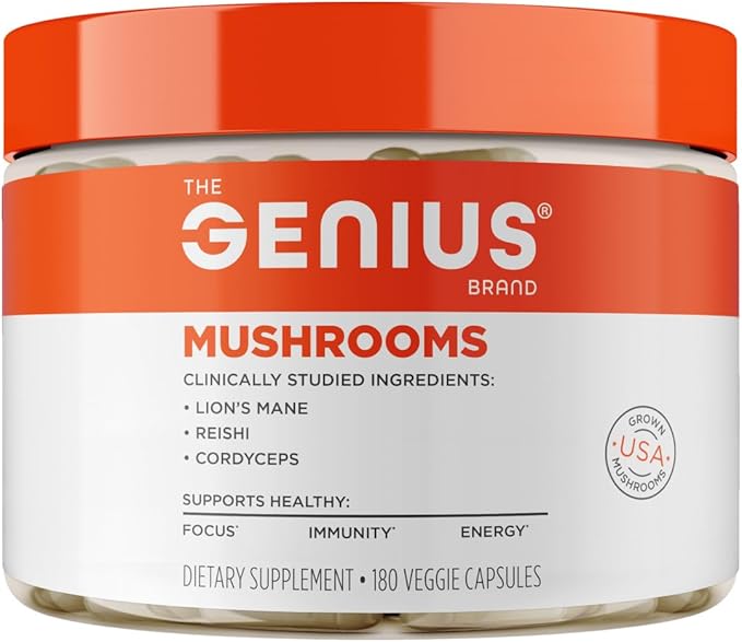 Genius Mushroom Supplement - Full-Spectrum Lion’s Mane Cordyceps Reishi -Daily Brain Nootropic for Energy Focus Memory &amp Overall Wellness - 180 Capsules – Organic for Mental Clarity &amp Perf
