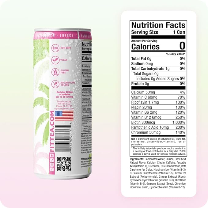FitTea Healthy Energy Drink 12 Fl Oz - Kiwi Guava Pre Workout Sparkling Refresher (12 Pack) Natural Energy Drinks Sugar Free