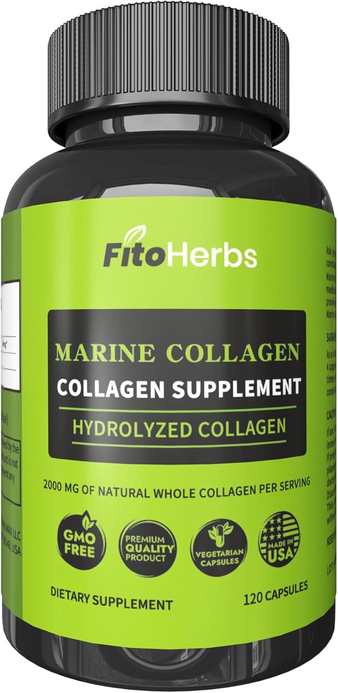 Hydrolyzed Collagen Capsules - Supplement for Hair Skin &amp Nails Joint &amp Bone Support - High Potency Non-GMO - Premium Daily Health Formula - 2000mg Marine Collagen - 120 Capsules