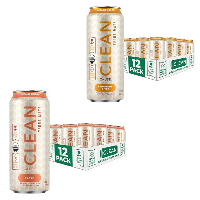 NEW! CLEAN Cause Lemonade &amp Tea and Peach USDA Organic Yerba Mate Tea (15.5oz cans 2-12-Pack Case) Non-Carbonated 160mg Caffeine