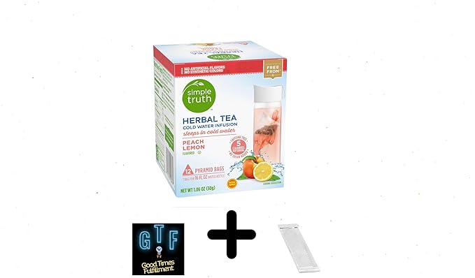 Simple Truth - Herbal Tea Cold Water Infusion - Peach Lemon -12 Tea Bag Pack. Plus GTF Sticker &amp Spearmint Gum Stick