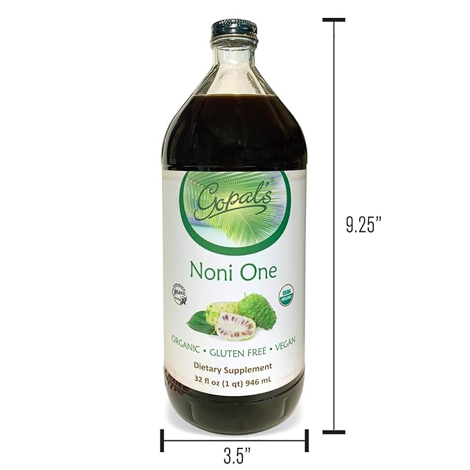 Noni One | 100% Pure Organic Noni Juice - 32oz Glass Bottle (1 qt) | Gluten-Free and Vegan Superfruit Supplement 30 grams of Noni Juice Per Serving Vitamin and Antioxidant Rich | Gopal's Healthfoods