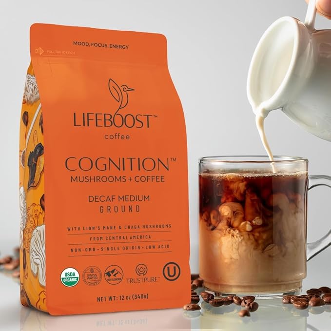Lifeboost Cognition Decaf Mushroom Coffee - Low Acid Decaf Medium Organic Coffee with Lions Mane &amp Chaga Mushrooms - Increase Energy Boost Focus &amp Immune Support - 12 oz Bag - Ground