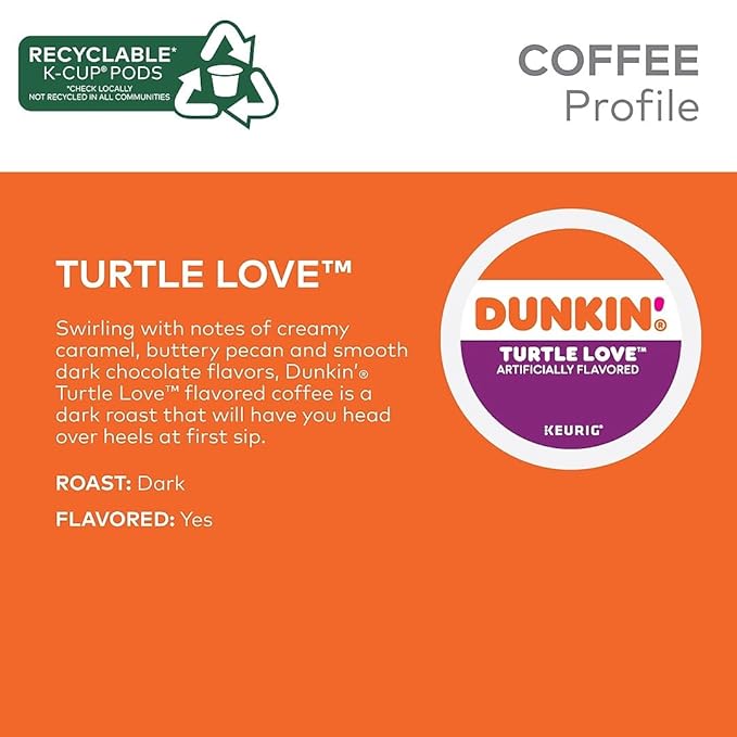 Dunkin' Turtle Love Dark Roast K-Cup Pods 22 Count Caramel Pecan Chocolate Flavor Caffeinated Kosher