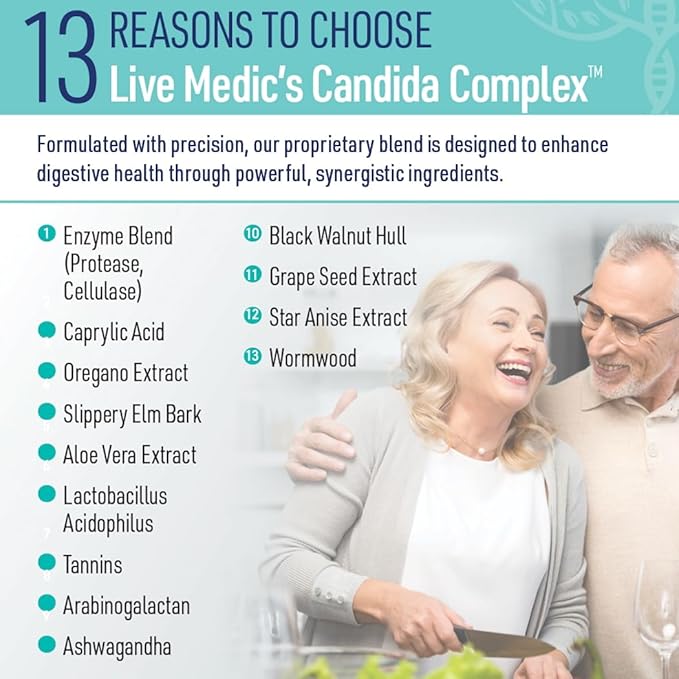 Candida Complex Digestive Enzymes Probiotic Cleanse Supplement Oregano Oil Wormwood Black Walnut Hulls Slippery Elm Ashwagandha Caprylic Acid Grape Seed Extract NonGMO 120 Caps