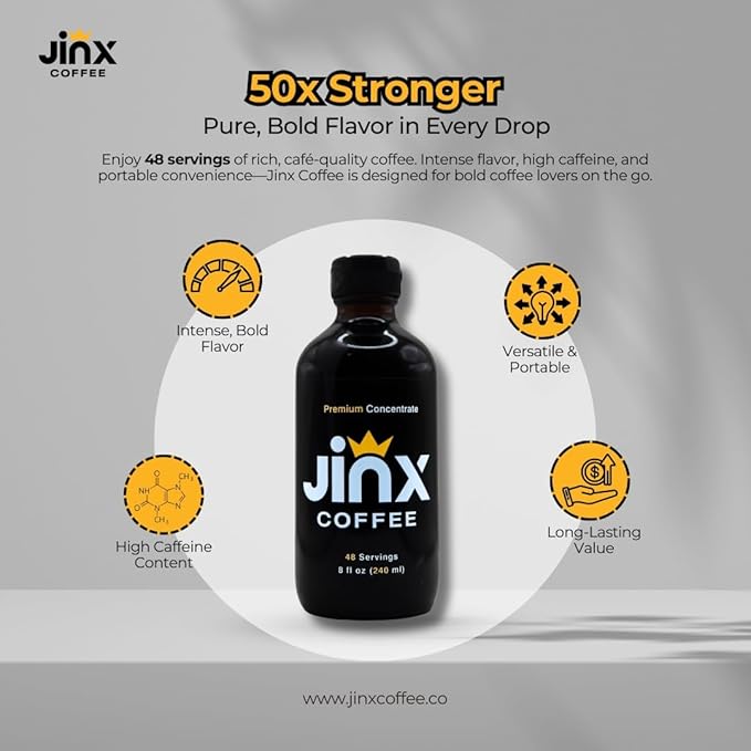 Jinx Coffee Concentrate – 50x Stronger Cold Brew Coffee | Strong Caffeine Concentrated Liquid Perfect for Instant Hot or Iced Coffees Cold Brew Concentrate Hot Drinks and Instant Espresso | 48 Ser
