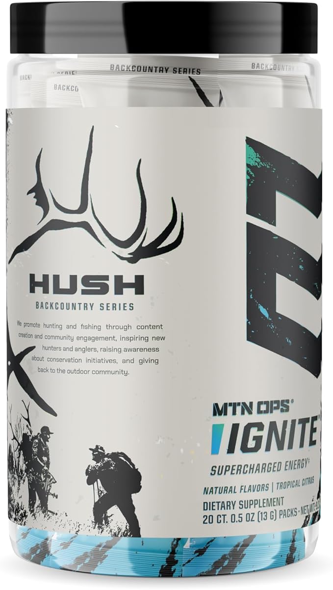 MTN OPS Ignite Sugar Free Energy Drink Powder Trail Packs with 200mg Caffeine Travel Pre Workout Packets for to-Go Energy Nootropic Blend L Arginine &amp L Citrulline 20 Servings Hush Summit Sur