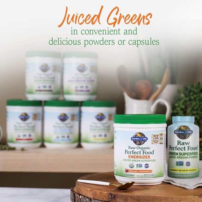 Garden of Life Raw Organic Perfect Food Energizer Juiced Green Superfood Powder Yerba Mate Pomegranate 30 Servings Green Superfood Powder &amp Probiotics Gluten Free Whole Food (Pack of 2)