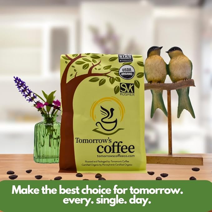 Tomorrow's Coffee Organic Smithsonian Bird Friendly Certified Fair Trade Shade Grown Coffee Dark French Roast with chocolate flavor | Sustains Amazon Rainforest Compostable Bag Eco-Friendly Pack