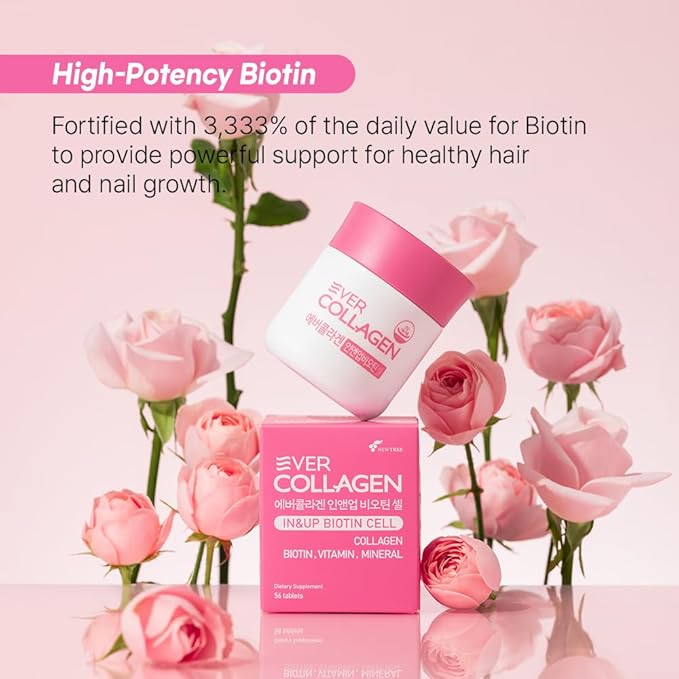 Ever Collagen in&ampUP Biotin Cell Low Molecular Marine Fish Collagen Peptides Tablets with Vitamin Selenium Supplements - Healthy Skin Hair Nail for Women - Antioxidant Supplement