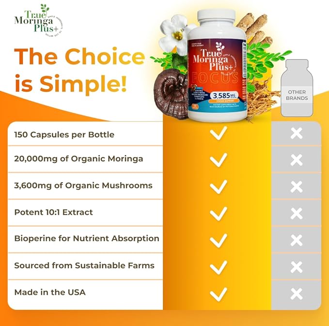 True Moringa Plus+ Focus Support Supplement 10:1 Extract | 20000mg of Organic Moringa Reishi Cordyceps Lion’s Mane Ashwagandha Bacopa Monnieri | Memory &amp Brain Health for Adults (150 Capsule