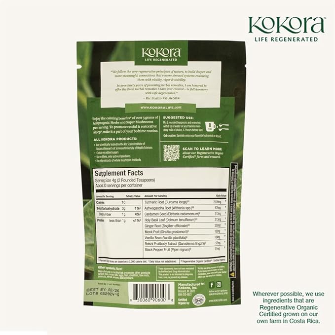 Kokora Golden Milk Bliss - Relax Restore Calm the Mind* - Regenerative Organic Certified Turmeric Ashwagandha Holy Basil &amp Ginger - Vegan Non-GMO No Added Sugar - 120g - 30 Servings