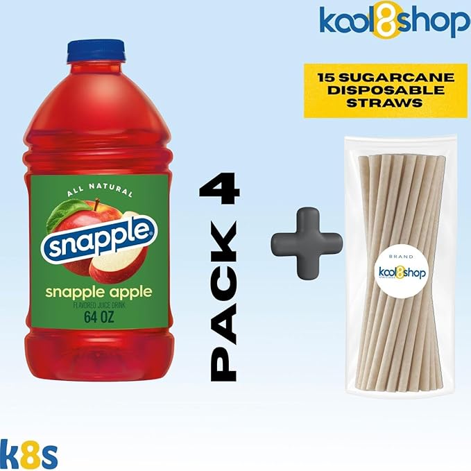 Snapple Apple All Natural Fruit Juice 64 fl oz Plastic Bottle 4 Pack + 15 Sugarcane Disposable Straws by KOOL8SHOP Infinite Deals