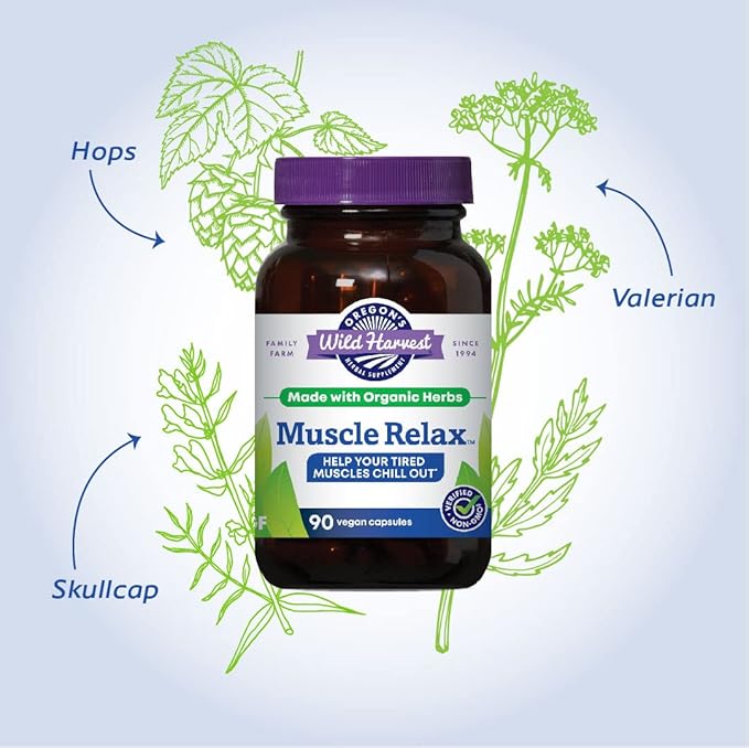 Oregon's Wild Harvest Muscle Relax Organic Herbal Supplement Vegan Capsules with Valerian Hops and Skullcap - 90 Count