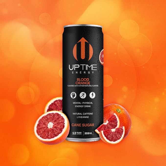 UPTIME Energy Drink Blood Orange Cane Sugar 12 Pack Vitamin C L Theanine Calcium Energy Drinks for Focus Support 142mg of Natural Caffeine per Serving Clean Natural Non GMO 12 fl oz Cans