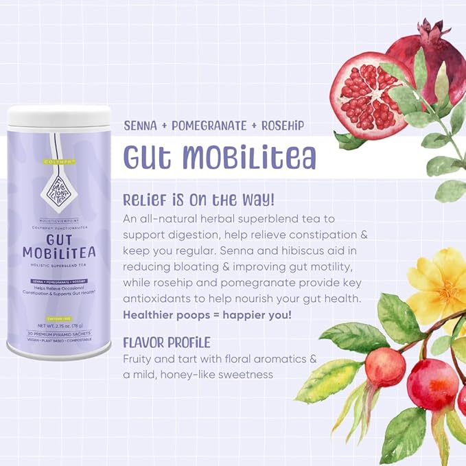 The CoLymph® Gut Mobilitea: Functional Herbal Tea for Occasional Constipation Bloating Gas Gut Health &amp Digestion Senna Pomegranate Hibiscus Tea 30 Compostable Tea Bags