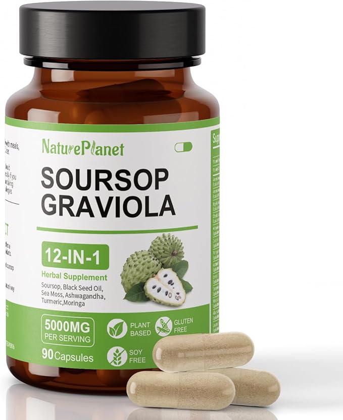 NaturePlanet Soursop Graviola Capsules with Black Seed Oil Sea Moss Ashwagandha Turmeric &amp Moringa丨12 in 1 Herbal Blend Formula丨Immune Support &amp Gut health丨Gluten-Free Non GMO Vegan - 90