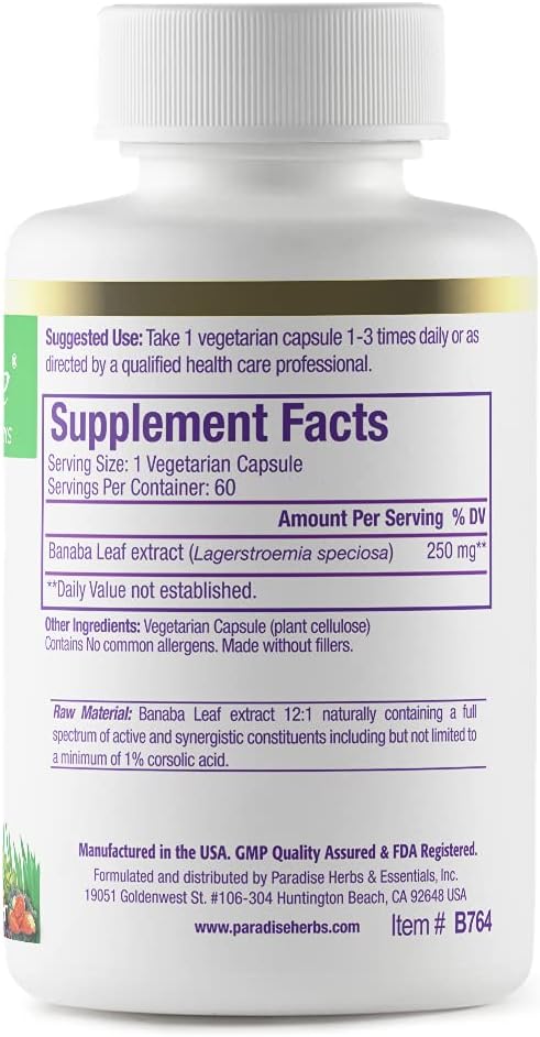 Paradise Herbs Banaba Leaf 12:1 Concentrated Extract 250 mg Vegan Gluten-Free Non-GMO 60 Capsules (Pack of 2)
