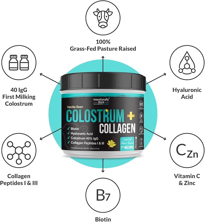 Intentionally Bare Colostrum and Collagen Powder - Bovine Colostrum Powder for Gut Health Immunity Hair Skin &amp Nails - Vanilla Bean Collagen Supplement with Biotin &amp Hyaluronic Acid - 60 Se