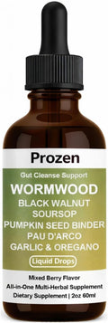 Prozen Wormwood Gut Cleanse Liquid Drops Nuvian Wormwood Black Walnut Clove Gut Cleanser for Adults with Soursop Pumpkin Seed Pau D'Arco Garlic Oregano Boosts Energy Health &amp Absorption2Oz