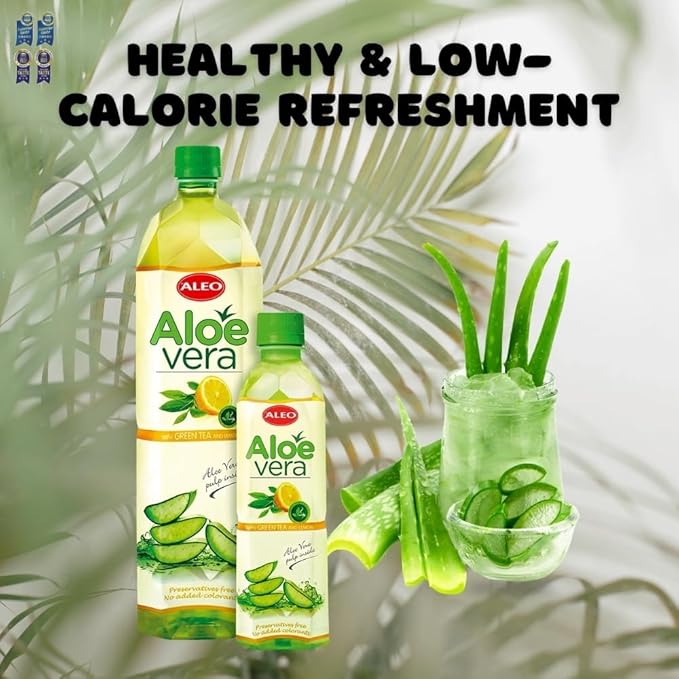 ALEO 1.5L x 12 Premium Green tea and Lemon Aloe Vera Drink - Natural No Preservatives No Artificial Colors Superior Taste Award 2025
