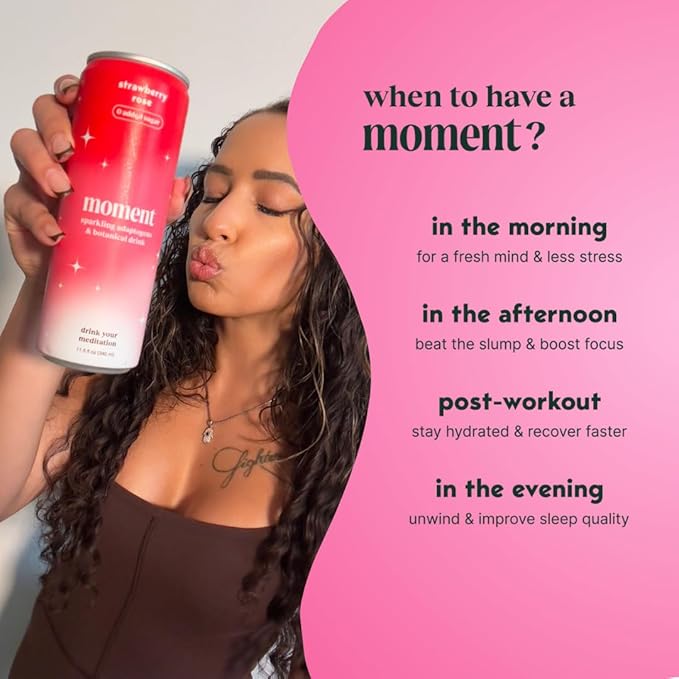 Moment Botanical Soda Soft Drink (Shark Tank) - SPARKLING Drinks | Strawberry Rose | L-Theanine &amp Ashwagandha for Calm &amp Clarity | 0 Added Sugar 0 Caffeine | 12-pack