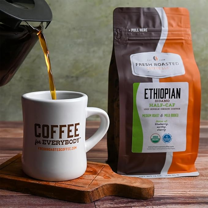 Fresh Roasted Coffee Organic Ethiopian Sidamo Water-Processed Half-Caf | USDA Organic 100% Single Origin Kosher | Medium Roast 12 oz Whole Bean