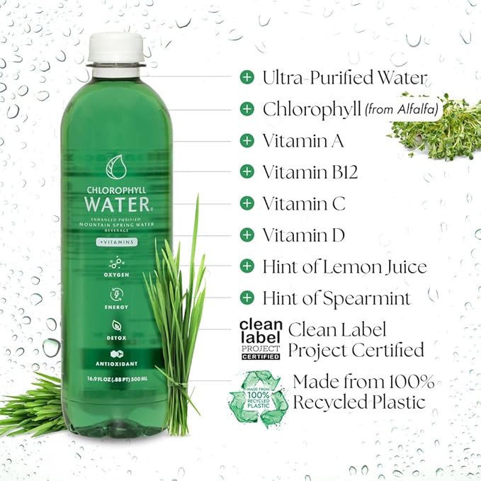 Chlorophyll Water (12-pack) Liquid Chlorophyll Drops in Purified Water Bottles For Glowing Skin Energy and Detox Vitamins A B12 C D3 Clean Label Certified Plant-Based Vitamin Water (16.9oz)