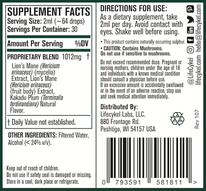 Life Cykel - Lion's Mane Mushroom Extract with Kakadu Plum - Brain Booster Nootropic for Memory Focus &amp REM Sleep - Non-GMO Organic Mushroom Tincture - 4 Fl Oz (60 Servings)