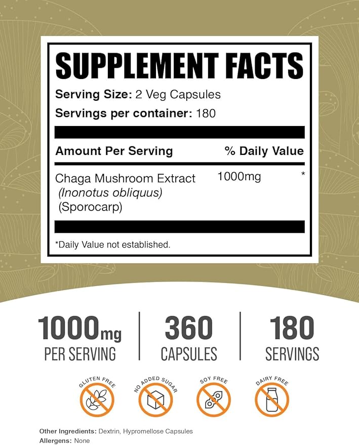 BulkSupplements.com Chaga Mushroom Extract Capsules - Chaga Extract Chaga Mushrooms - Vegan &amp Gluten Free 2 Capsules per Serving (1000mg) 360 Count (Pack of 1)