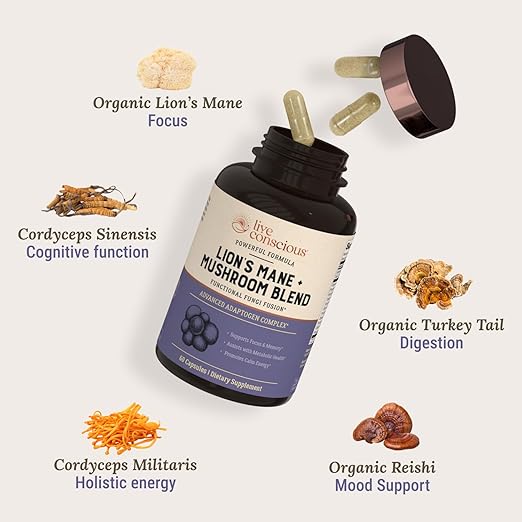 Live Conscious Lions Mane Mushroom Supplement Capsules for Brain Support w/Lion's Mane Cordyceps Reishi and Turkey Tail Mushrooms - Cognitive Memory Supplement for Brain